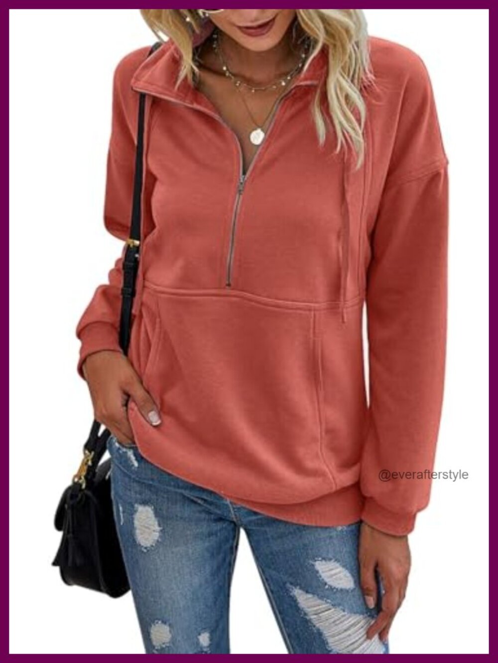 Half Zip Pullover Sweatshirt Long Sleeve Loose Fit Casual Top